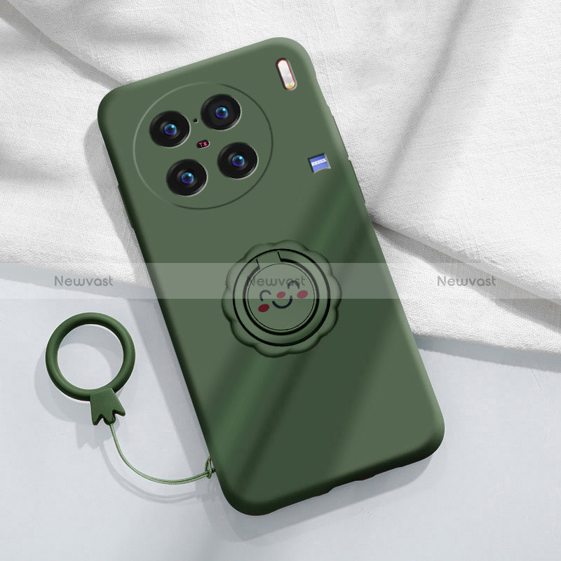Ultra-thin Silicone Gel Soft Case Cover with Magnetic Finger Ring Stand S02 for Vivo X90 5G Midnight Green