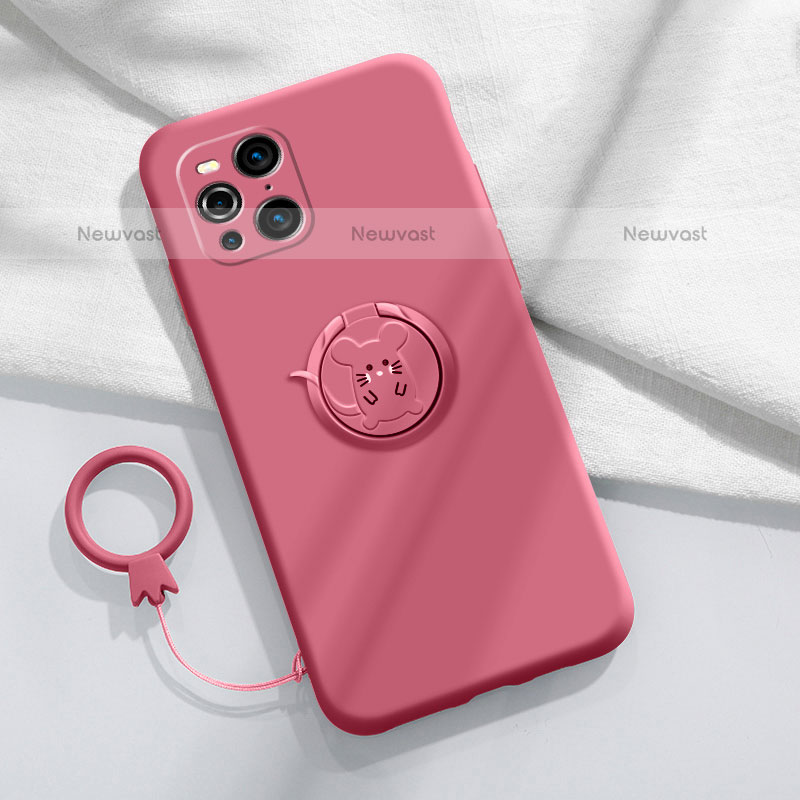 Ultra-thin Silicone Gel Soft Case Cover with Magnetic Finger Ring Stand S03 for Oppo Find X3 Pro 5G Hot Pink