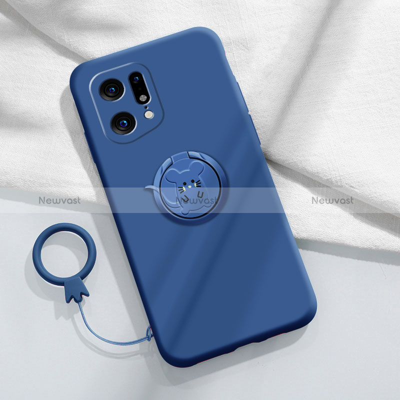 Ultra-thin Silicone Gel Soft Case Cover with Magnetic Finger Ring Stand S03 for Oppo Find X5 5G Blue