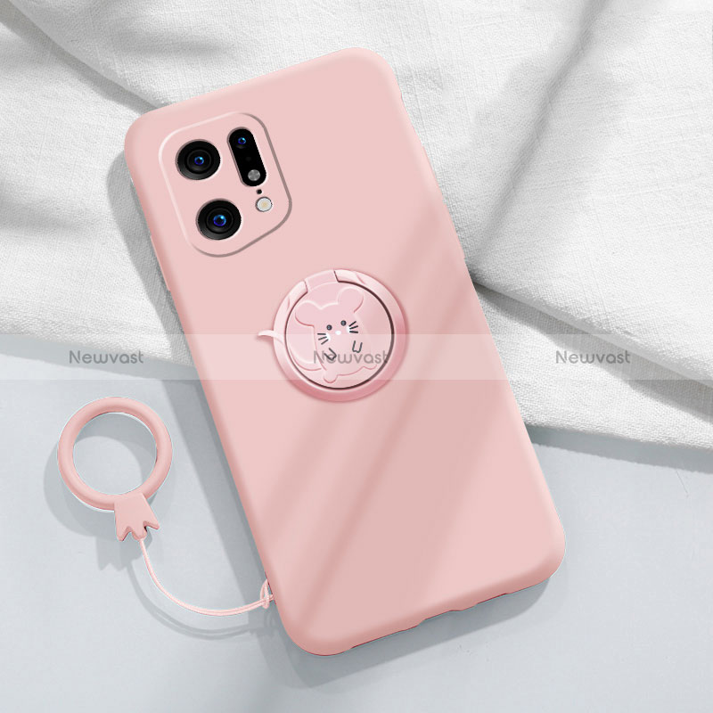 Ultra-thin Silicone Gel Soft Case Cover with Magnetic Finger Ring Stand S03 for Oppo Find X5 5G Pink