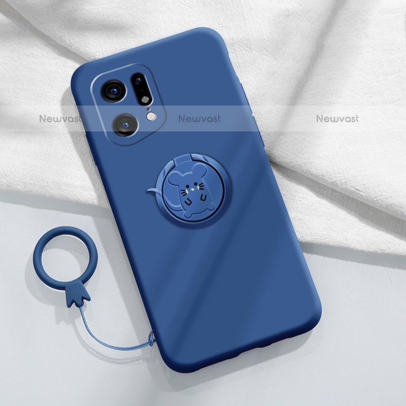 Ultra-thin Silicone Gel Soft Case Cover with Magnetic Finger Ring Stand S03 for Oppo Find X5 Pro 5G Blue