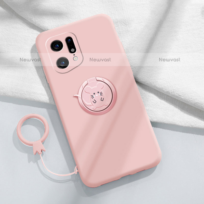 Ultra-thin Silicone Gel Soft Case Cover with Magnetic Finger Ring Stand S03 for Oppo Find X5 Pro 5G Pink