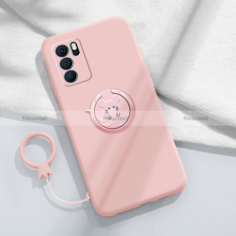 Ultra-thin Silicone Gel Soft Case Cover with Magnetic Finger Ring Stand S03 for Oppo Reno6 Pro 5G India Pink