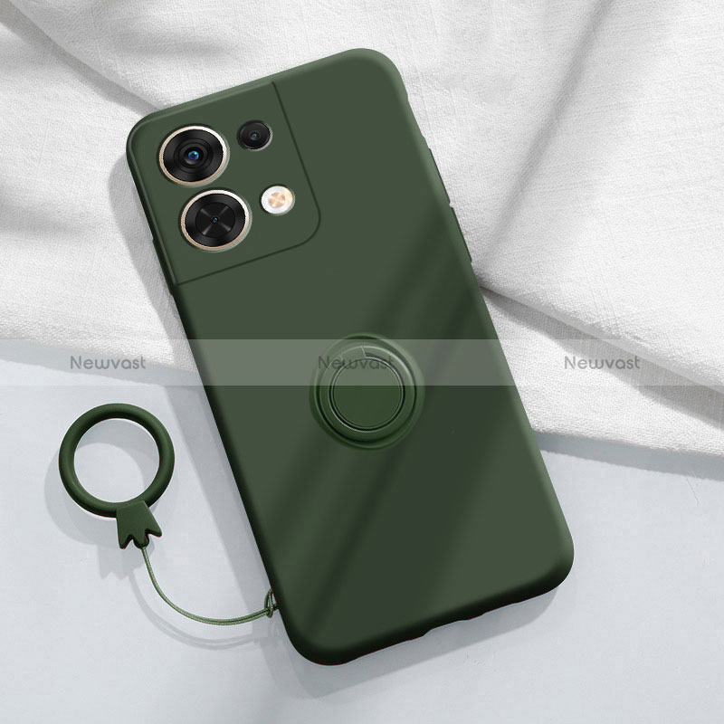 Ultra-thin Silicone Gel Soft Case Cover with Magnetic Finger Ring Stand S03 for Oppo Reno9 5G Midnight Green