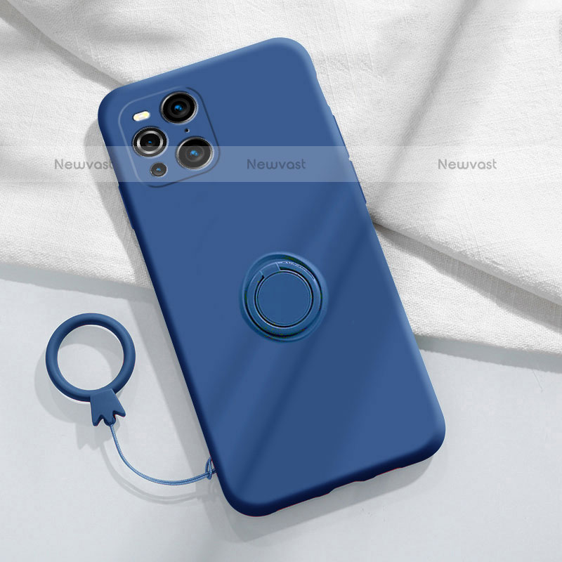 Ultra-thin Silicone Gel Soft Case Cover with Magnetic Finger Ring Stand S04 for Oppo Find X3 Pro 5G Blue