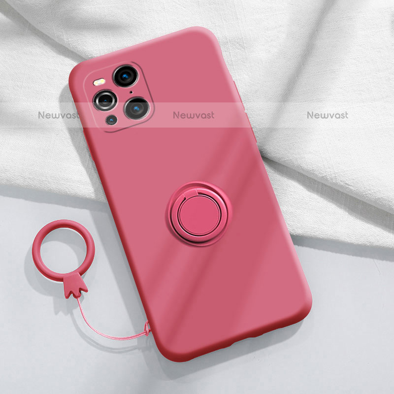 Ultra-thin Silicone Gel Soft Case Cover with Magnetic Finger Ring Stand S04 for Oppo Find X3 Pro 5G Hot Pink