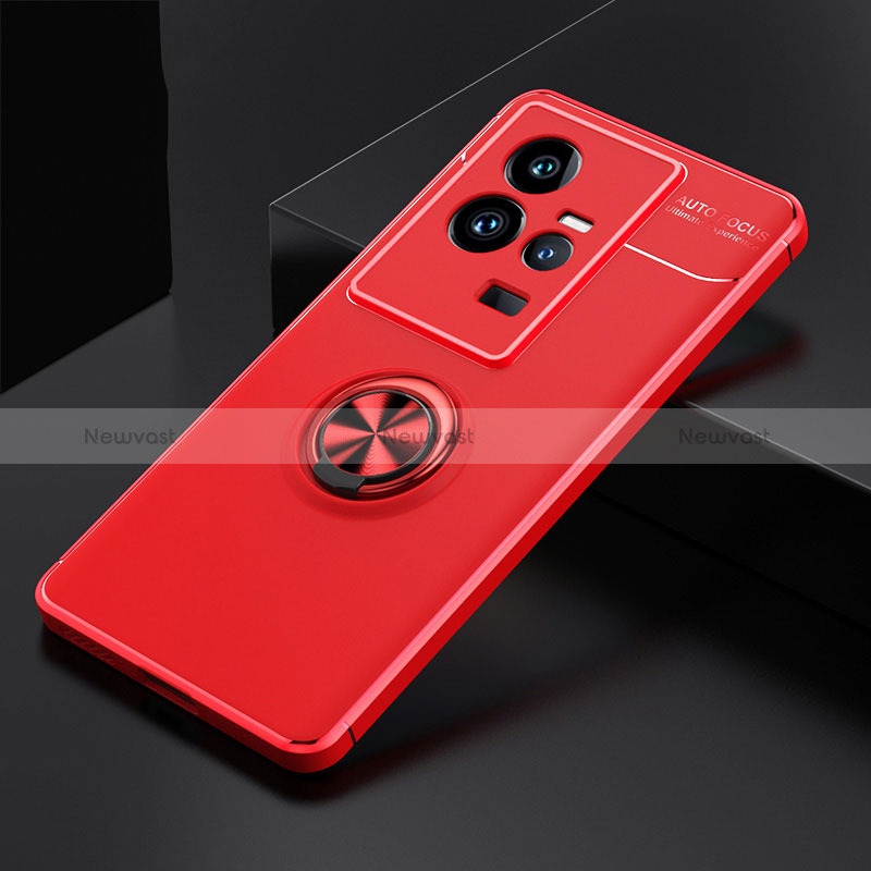 Ultra-thin Silicone Gel Soft Case Cover with Magnetic Finger Ring Stand SD1 for Vivo iQOO 11 5G Red