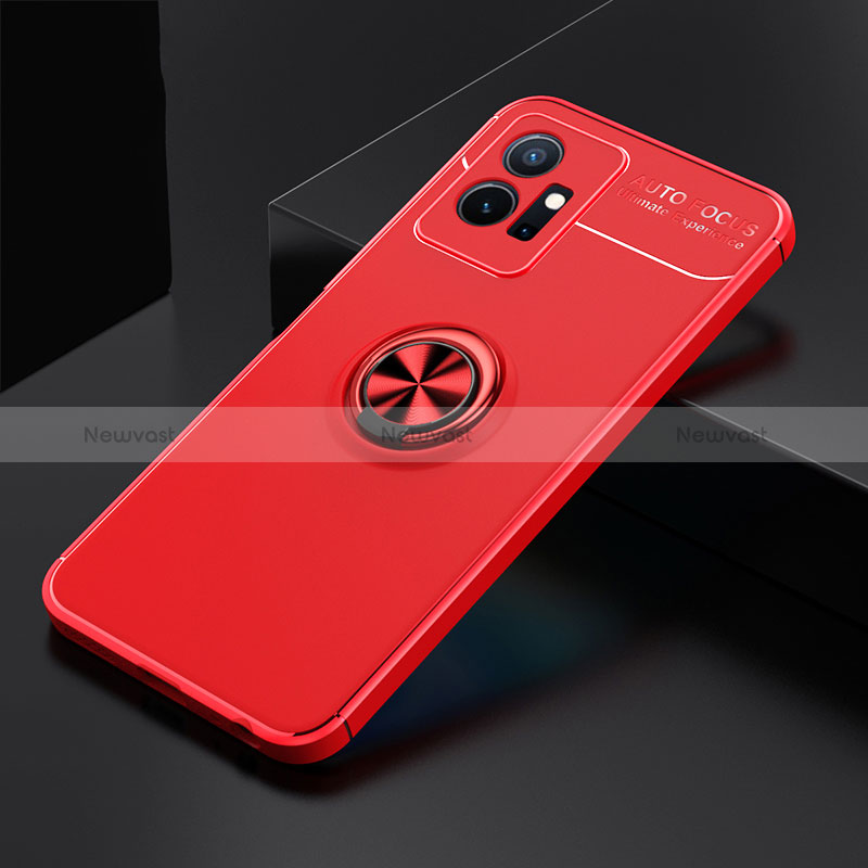 Ultra-thin Silicone Gel Soft Case Cover with Magnetic Finger Ring Stand SD1 for Vivo T1 5G India Red