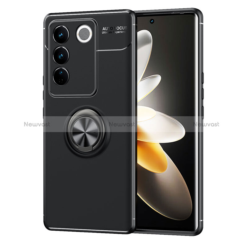 Ultra-thin Silicone Gel Soft Case Cover with Magnetic Finger Ring Stand SD1 for Vivo V27 Pro 5G Black