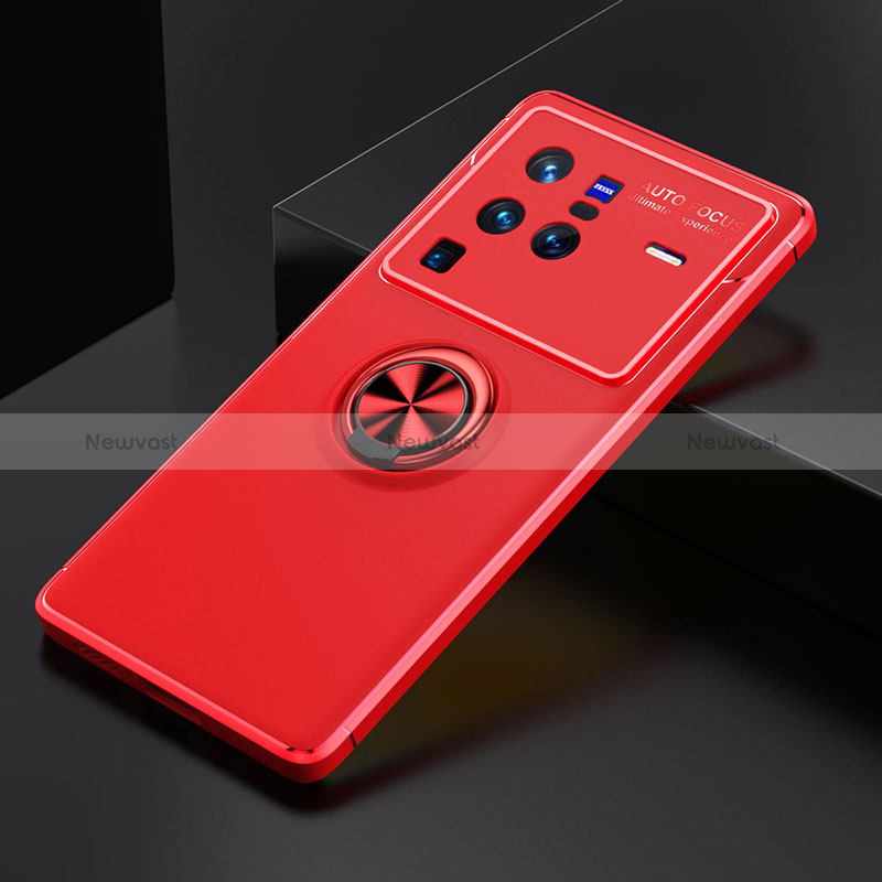 Ultra-thin Silicone Gel Soft Case Cover with Magnetic Finger Ring Stand SD1 for Vivo X80 Pro 5G Red