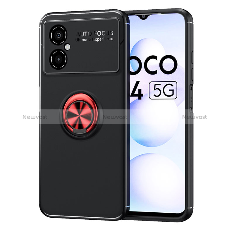 Ultra-thin Silicone Gel Soft Case Cover with Magnetic Finger Ring Stand SD1 for Xiaomi Poco M4 5G Red and Black