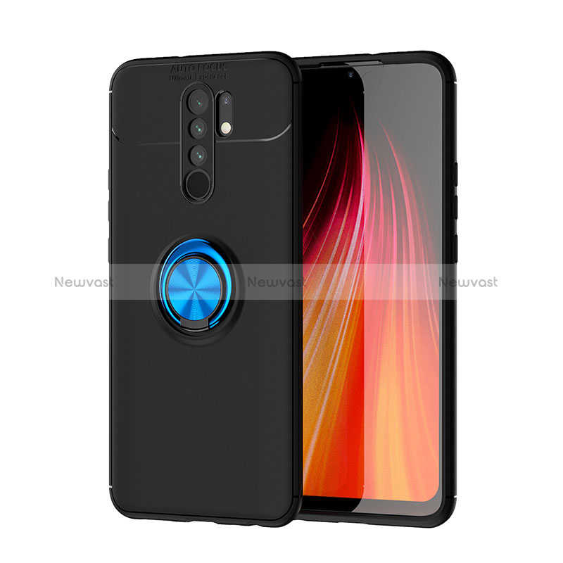 Ultra-thin Silicone Gel Soft Case Cover with Magnetic Finger Ring Stand SD1 for Xiaomi Redmi 9 Blue and Black