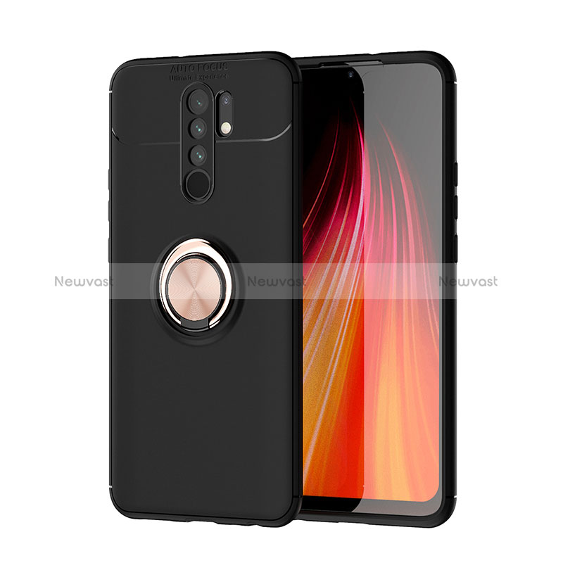 Ultra-thin Silicone Gel Soft Case Cover with Magnetic Finger Ring Stand SD1 for Xiaomi Redmi 9 Prime India Gold and Black