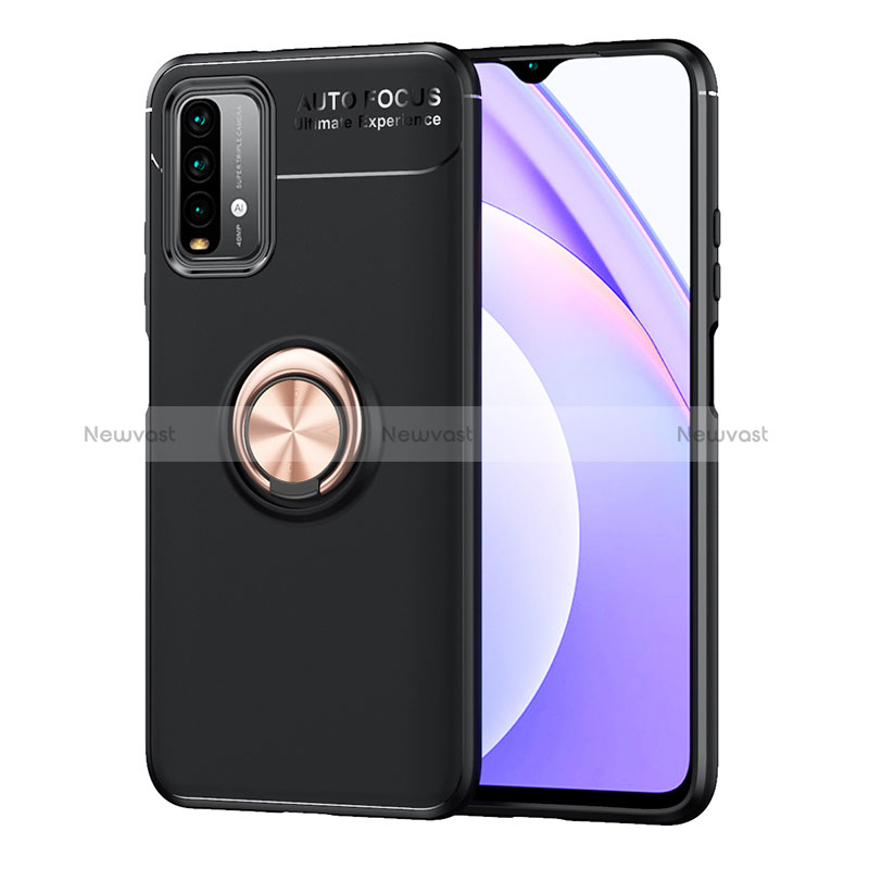 Ultra-thin Silicone Gel Soft Case Cover with Magnetic Finger Ring Stand SD1 for Xiaomi Redmi 9T 4G Gold and Black