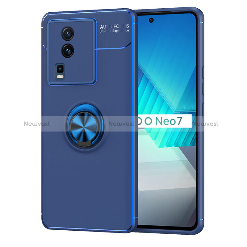 Ultra-thin Silicone Gel Soft Case Cover with Magnetic Finger Ring Stand SD2 for Vivo iQOO Neo7 5G Blue
