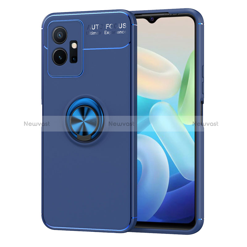 Ultra-thin Silicone Gel Soft Case Cover with Magnetic Finger Ring Stand SD2 for Vivo T1 5G India Blue
