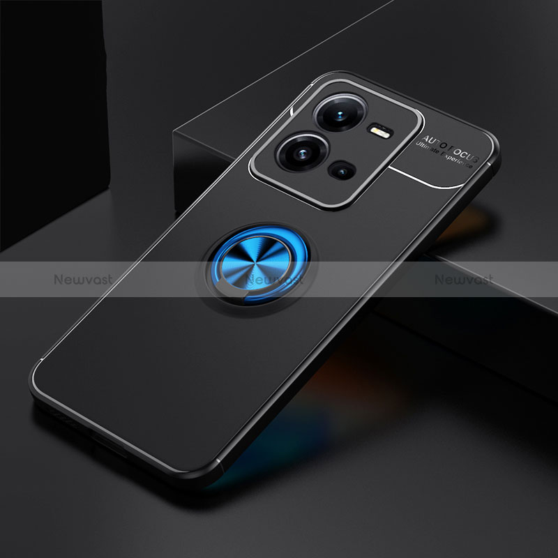 Ultra-thin Silicone Gel Soft Case Cover with Magnetic Finger Ring Stand SD2 for Vivo V25 5G Blue and Black