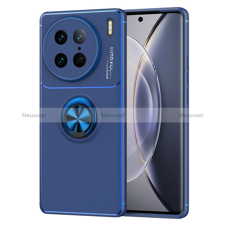 Ultra-thin Silicone Gel Soft Case Cover with Magnetic Finger Ring Stand SD2 for Vivo X90 Pro 5G Blue