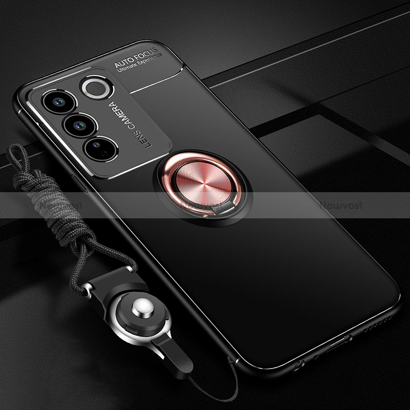 Ultra-thin Silicone Gel Soft Case Cover with Magnetic Finger Ring Stand SD3 for Vivo V27 Pro 5G Gold and Black