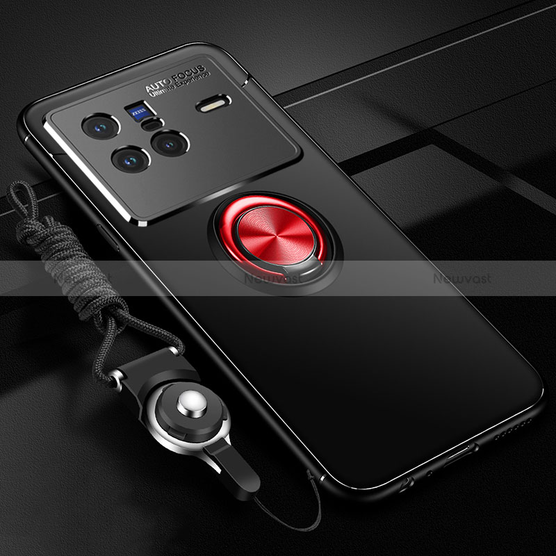 Ultra-thin Silicone Gel Soft Case Cover with Magnetic Finger Ring Stand SD3 for Vivo X80 5G Red and Black