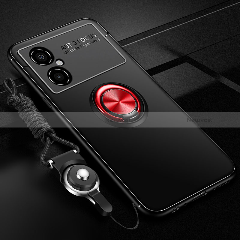 Ultra-thin Silicone Gel Soft Case Cover with Magnetic Finger Ring Stand SD3 for Xiaomi Poco M4 5G Red and Black