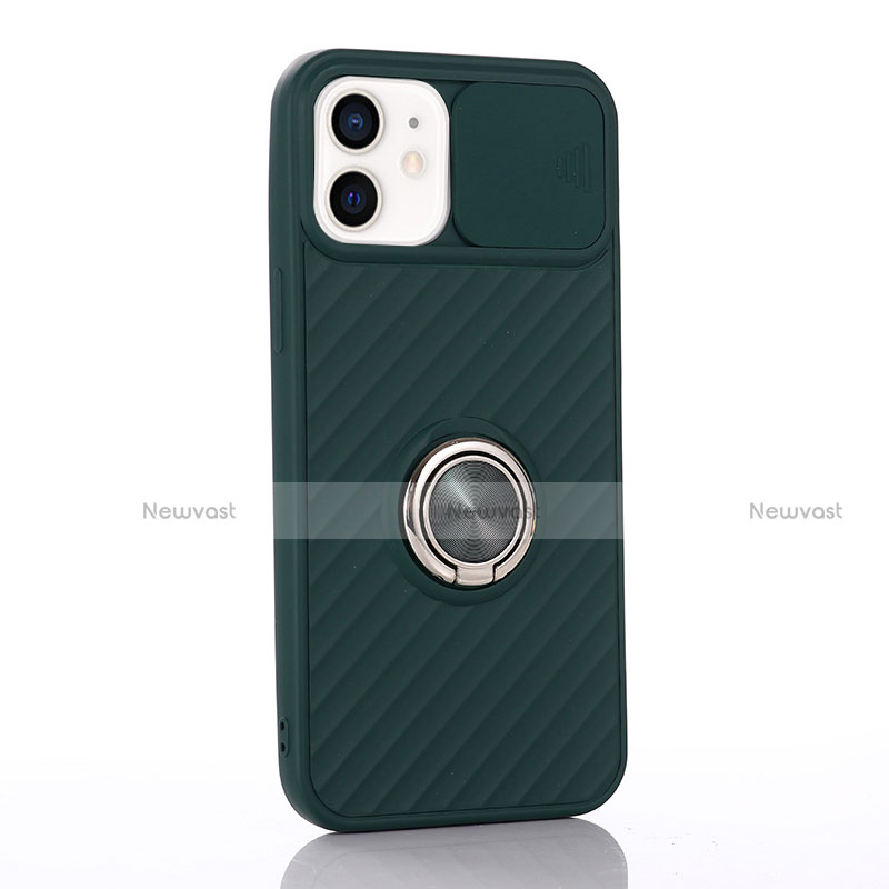 Ultra-thin Silicone Gel Soft Case Cover with Magnetic Finger Ring Stand T01 for Apple iPhone 12 Midnight Green