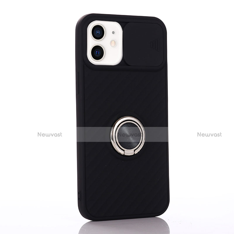 Ultra-thin Silicone Gel Soft Case Cover with Magnetic Finger Ring Stand T01 for Apple iPhone 12 Mini Black