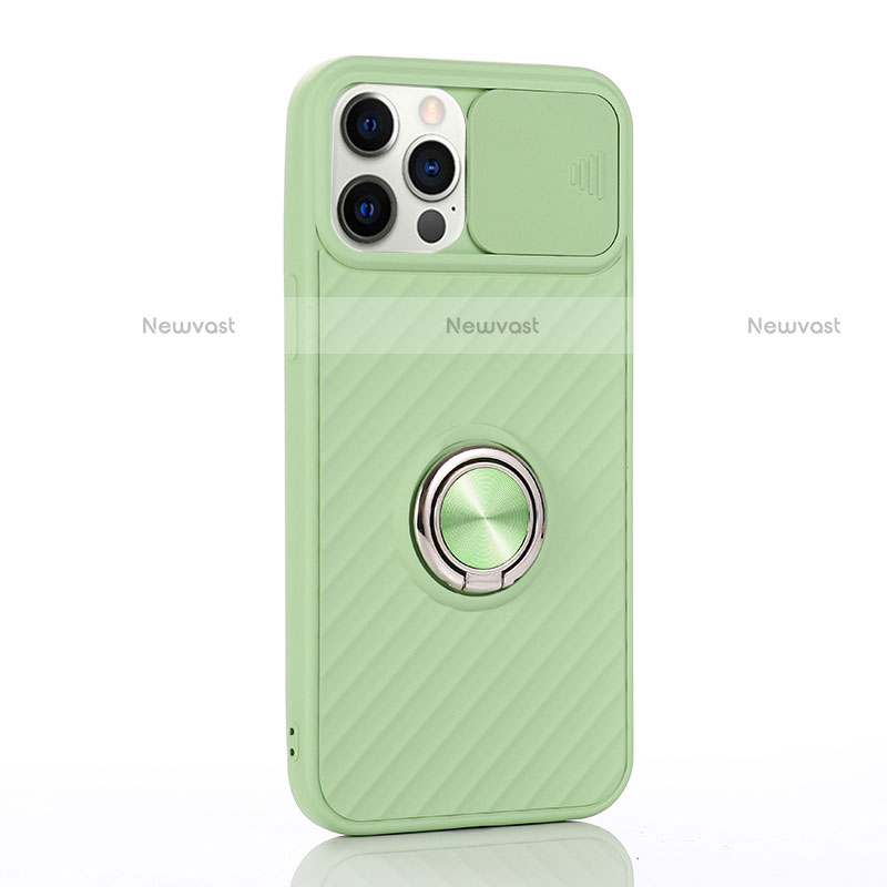 Ultra-thin Silicone Gel Soft Case Cover with Magnetic Finger Ring Stand T01 for Apple iPhone 12 Pro Matcha Green