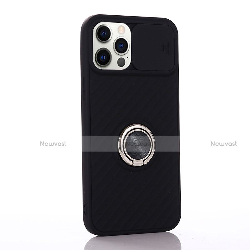 Ultra-thin Silicone Gel Soft Case Cover with Magnetic Finger Ring Stand T01 for Apple iPhone 12 Pro Max Black