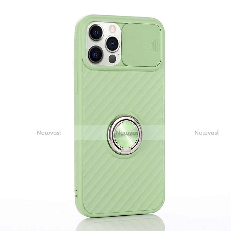 Ultra-thin Silicone Gel Soft Case Cover with Magnetic Finger Ring Stand T01 for Apple iPhone 12 Pro Max Matcha Green