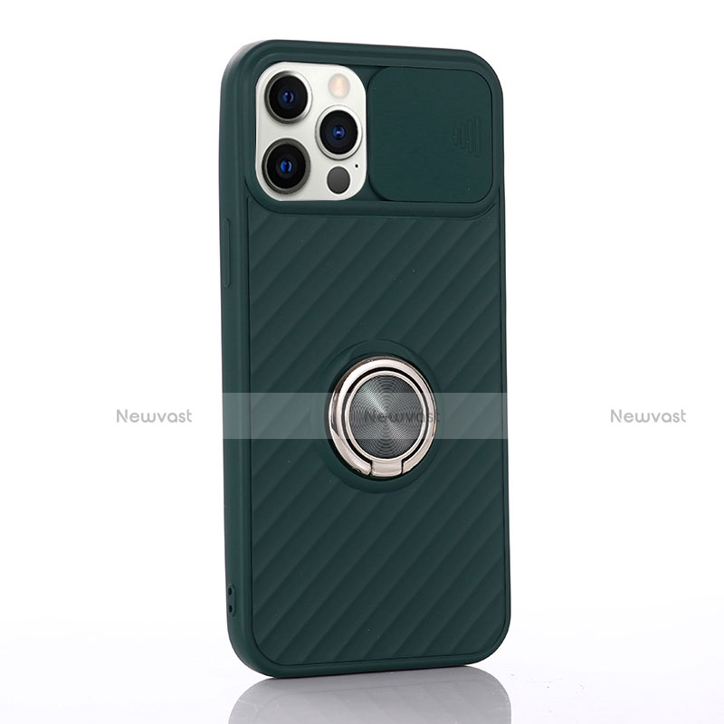 Ultra-thin Silicone Gel Soft Case Cover with Magnetic Finger Ring Stand T01 for Apple iPhone 12 Pro Max Midnight Green