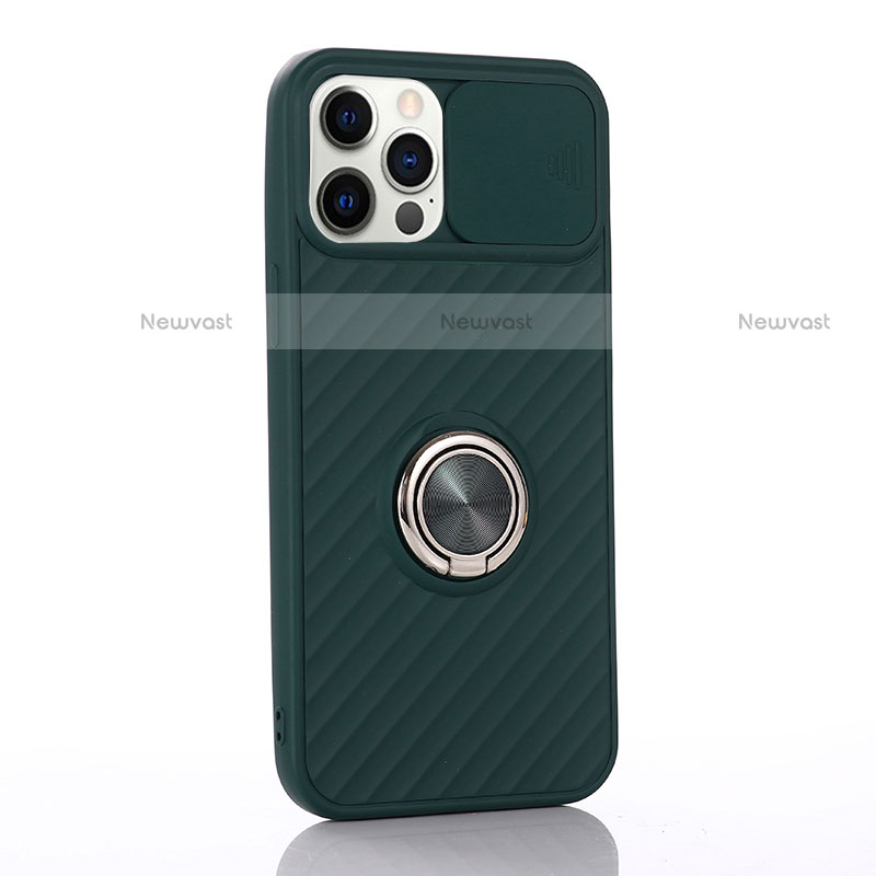 Ultra-thin Silicone Gel Soft Case Cover with Magnetic Finger Ring Stand T01 for Apple iPhone 12 Pro Midnight Green