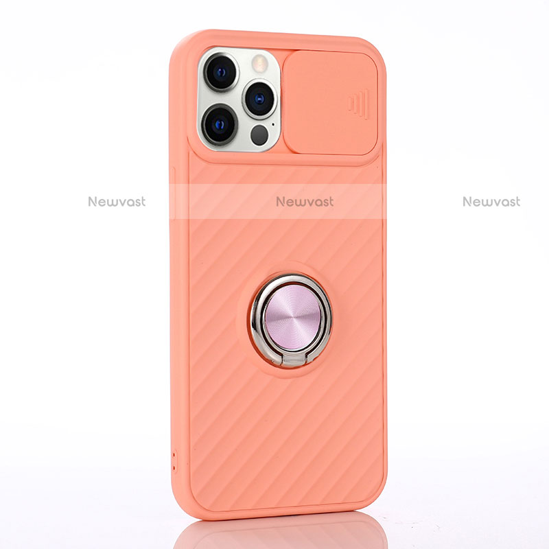 Ultra-thin Silicone Gel Soft Case Cover with Magnetic Finger Ring Stand T01 for Apple iPhone 12 Pro Orange