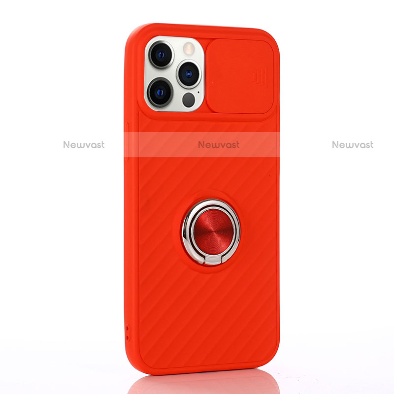 Ultra-thin Silicone Gel Soft Case Cover with Magnetic Finger Ring Stand T01 for Apple iPhone 12 Pro Red