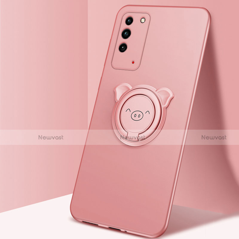Ultra-thin Silicone Gel Soft Case Cover with Magnetic Finger Ring Stand T01 for Huawei Honor X10 5G Rose Gold