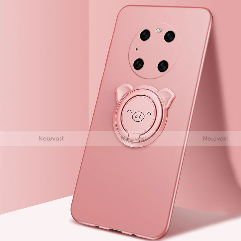 Ultra-thin Silicone Gel Soft Case Cover with Magnetic Finger Ring Stand T01 for Huawei Mate 40 Pro Rose Gold