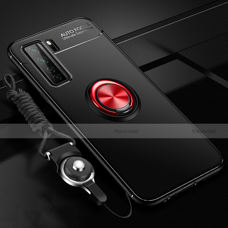 Ultra-thin Silicone Gel Soft Case Cover with Magnetic Finger Ring Stand T01 for Huawei P40 Lite 5G Red and Black