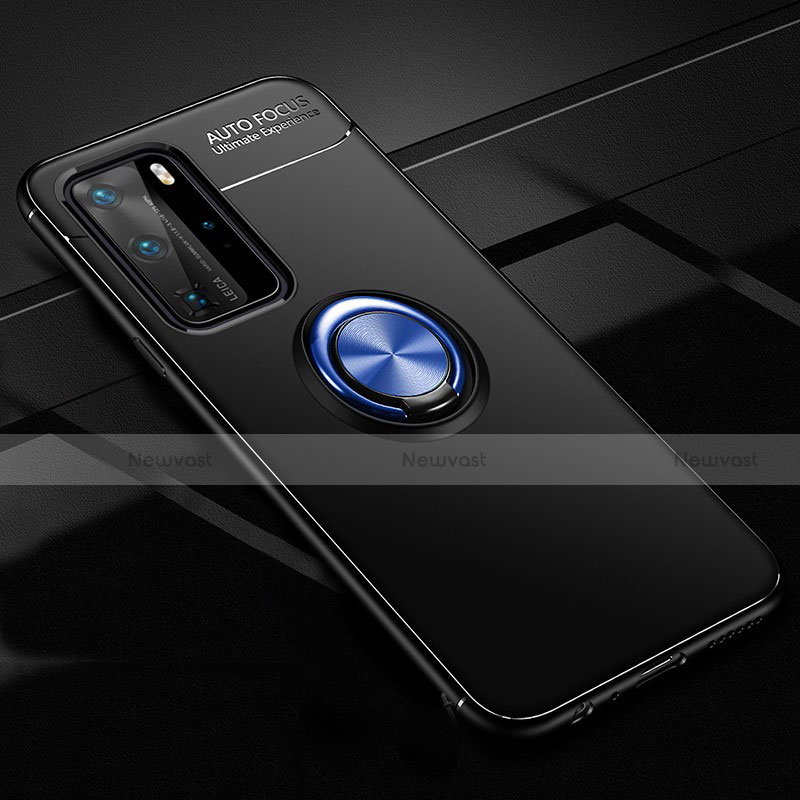Ultra-thin Silicone Gel Soft Case Cover with Magnetic Finger Ring Stand T01 for Huawei P40 Pro Blue and Black