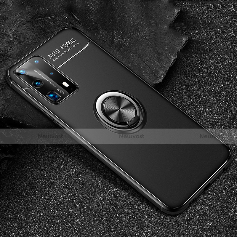 Ultra-thin Silicone Gel Soft Case Cover with Magnetic Finger Ring Stand T01 for Huawei P40 Pro+ Plus Black