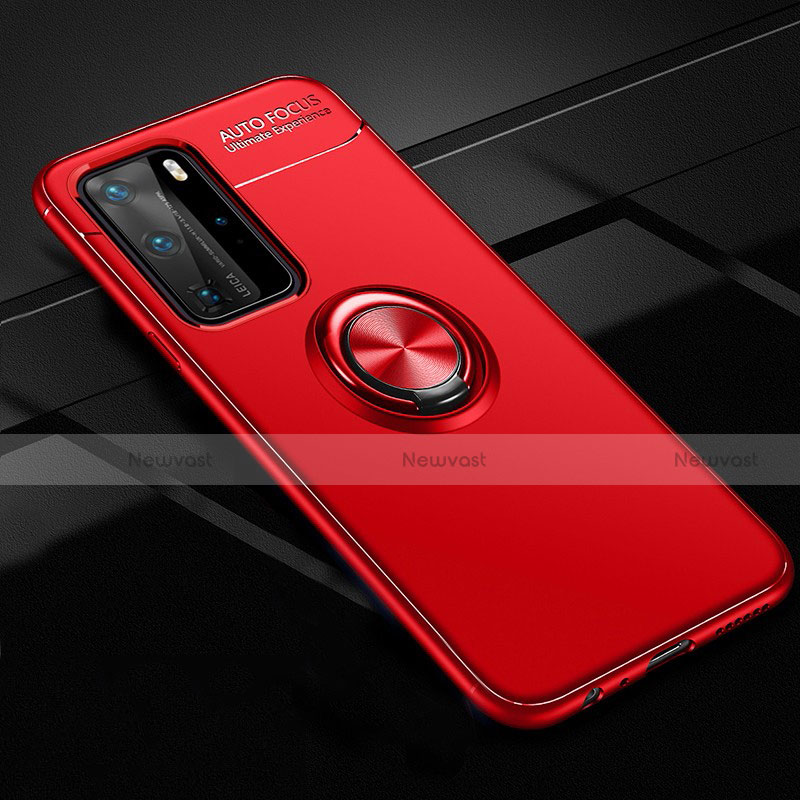 Ultra-thin Silicone Gel Soft Case Cover with Magnetic Finger Ring Stand T01 for Huawei P40 Pro Red