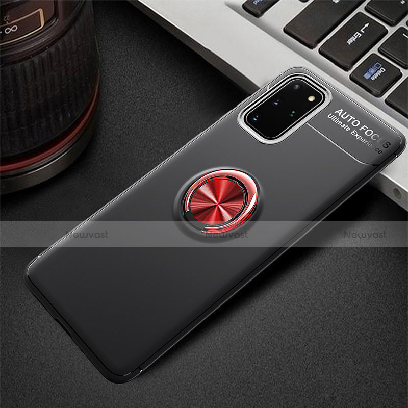 Ultra-thin Silicone Gel Soft Case Cover with Magnetic Finger Ring Stand T01 for Samsung Galaxy S20 Plus 5G Red and Black
