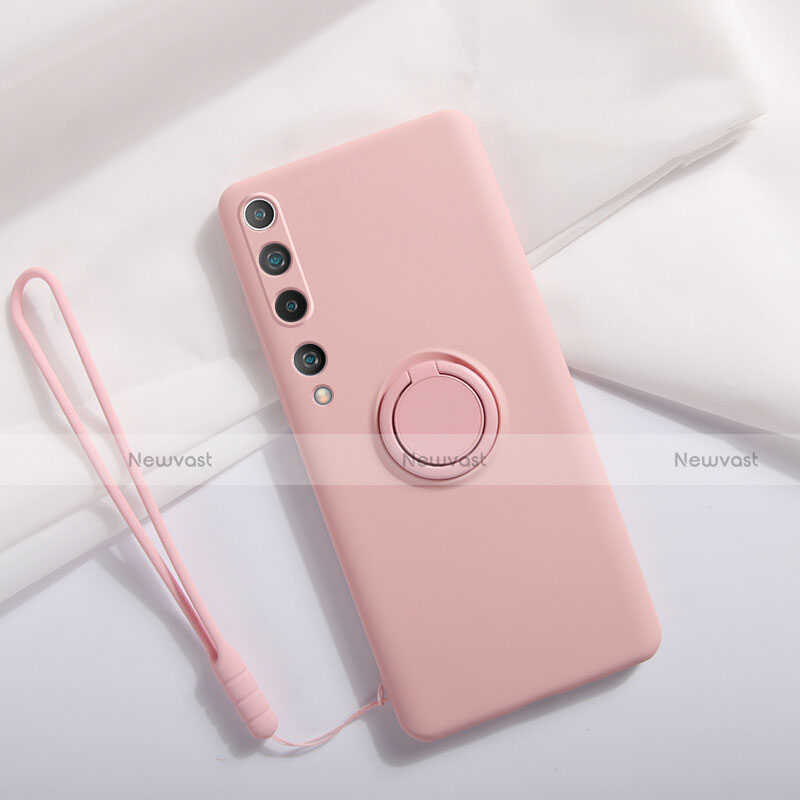 Ultra-thin Silicone Gel Soft Case Cover with Magnetic Finger Ring Stand T01 for Xiaomi Mi 10 Pink