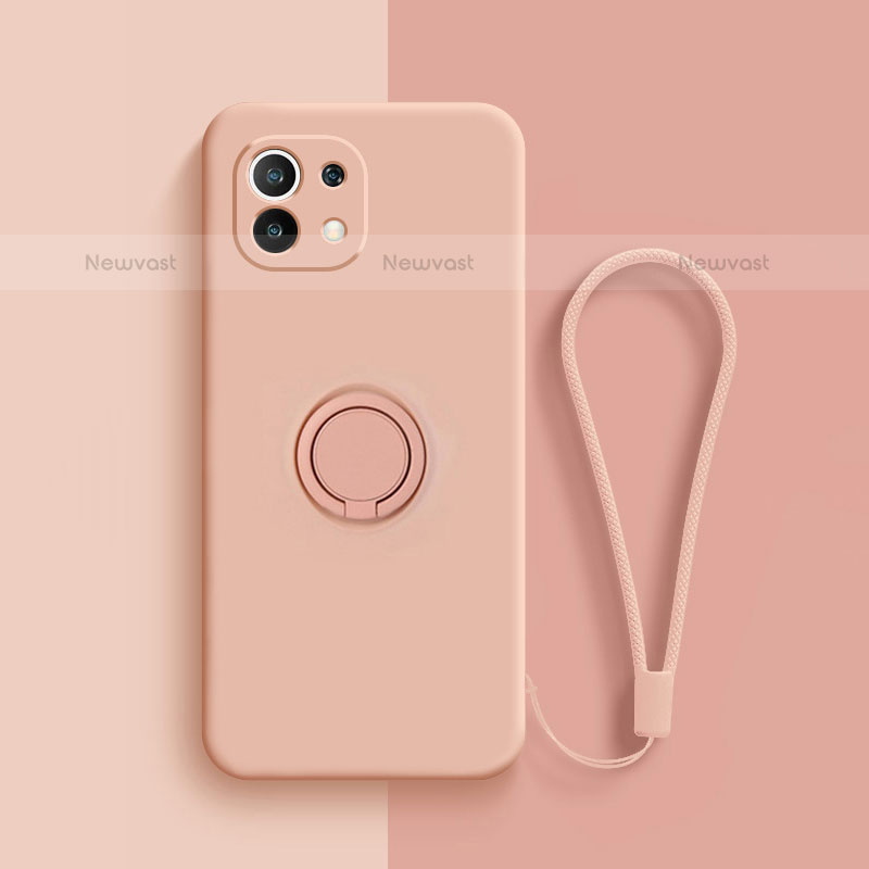 Ultra-thin Silicone Gel Soft Case Cover with Magnetic Finger Ring Stand T01 for Xiaomi Mi 11 5G Pink