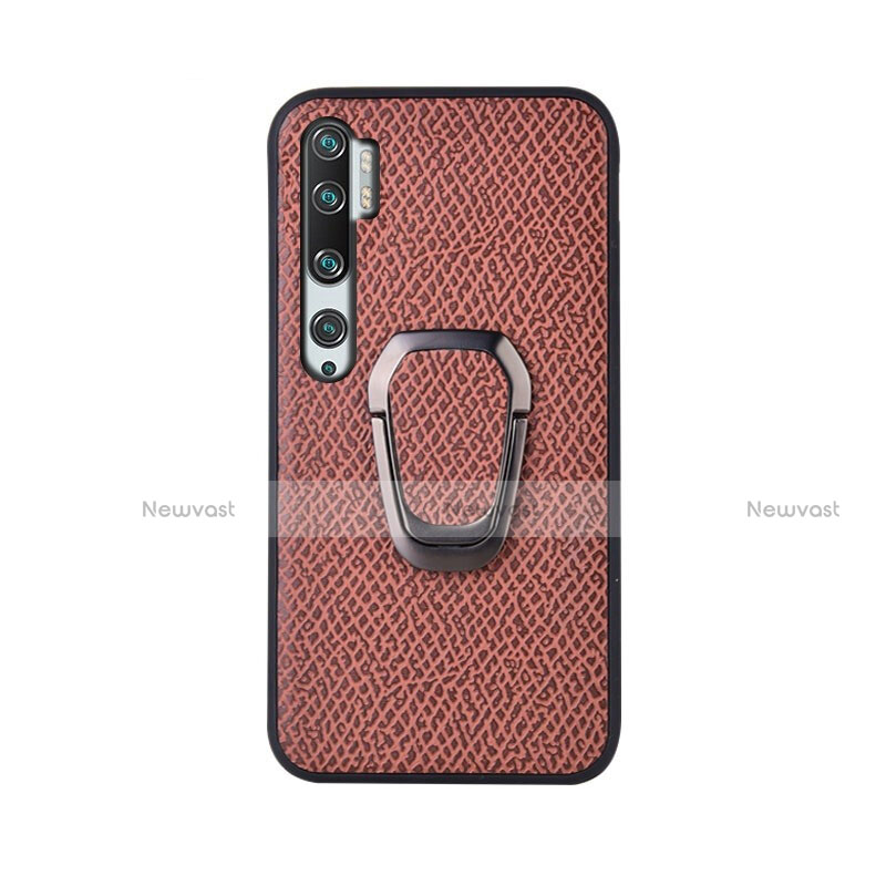 Ultra-thin Silicone Gel Soft Case Cover with Magnetic Finger Ring Stand T01 for Xiaomi Mi Note 10 Pro Brown