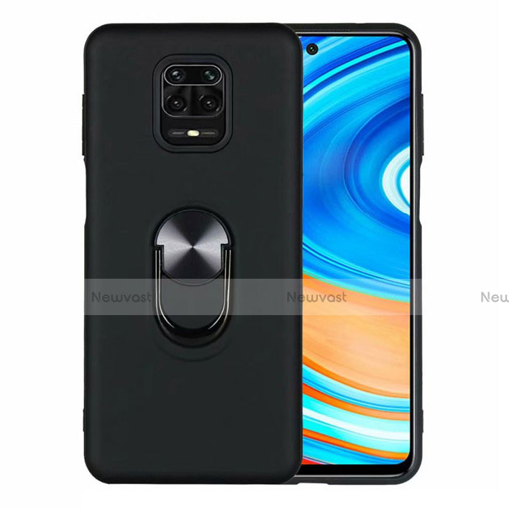 Ultra-thin Silicone Gel Soft Case Cover with Magnetic Finger Ring Stand T01 for Xiaomi Redmi Note 9 Pro Max Black