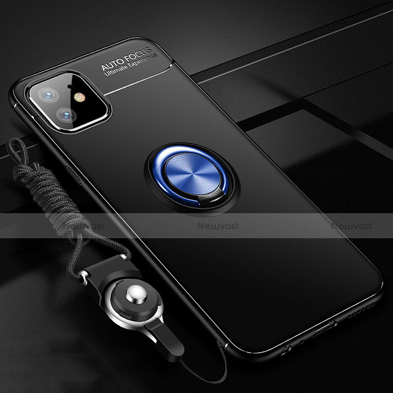 Ultra-thin Silicone Gel Soft Case Cover with Magnetic Finger Ring Stand T02 for Apple iPhone 11 Blue and Black