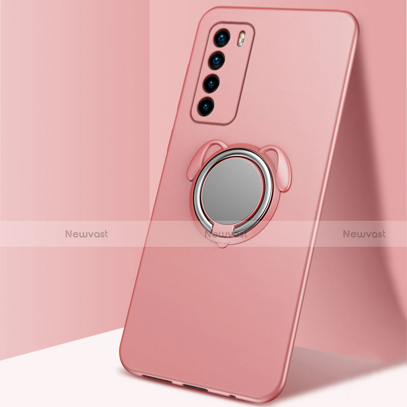 Ultra-thin Silicone Gel Soft Case Cover with Magnetic Finger Ring Stand T02 for Huawei Honor Play4 5G Rose Gold