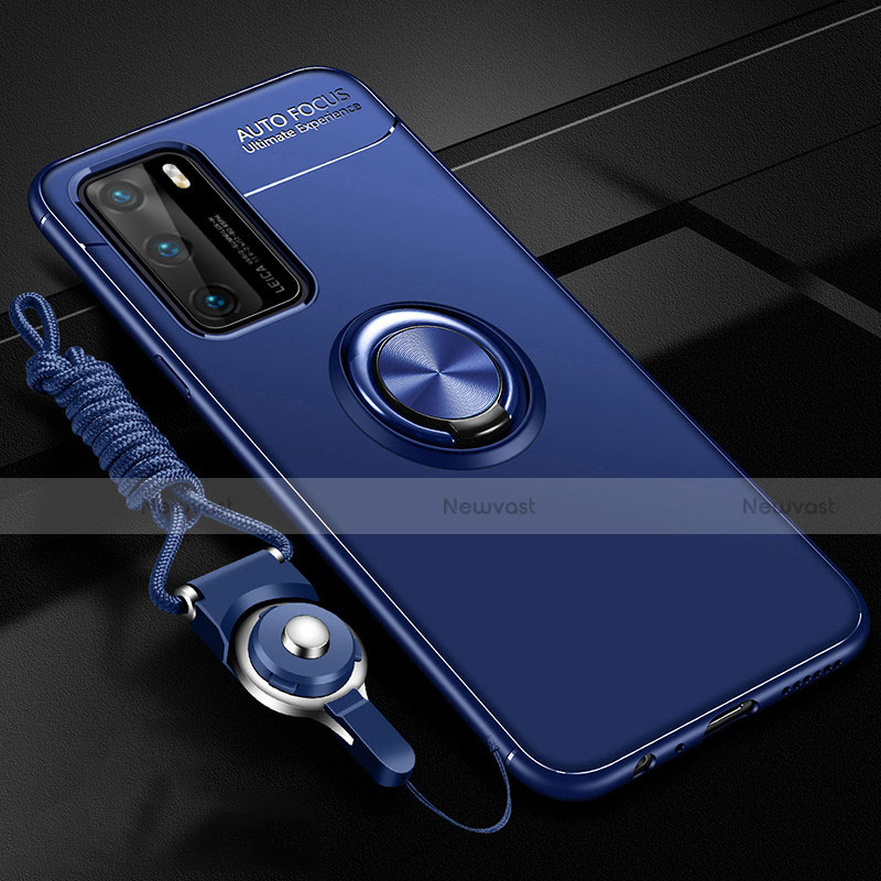 Ultra-thin Silicone Gel Soft Case Cover with Magnetic Finger Ring Stand T02 for Huawei P40 Blue