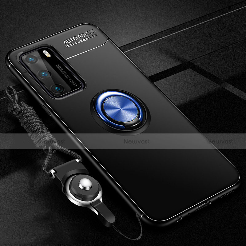 Ultra-thin Silicone Gel Soft Case Cover with Magnetic Finger Ring Stand T02 for Huawei P40 Blue and Black
