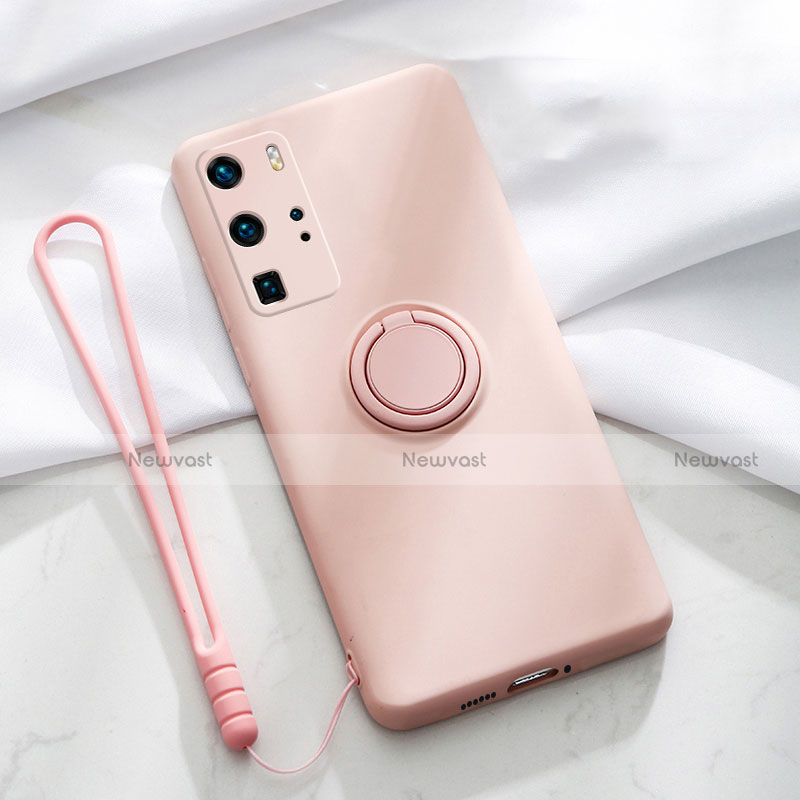 Ultra-thin Silicone Gel Soft Case Cover with Magnetic Finger Ring Stand T02 for Huawei P40 Pro Pink